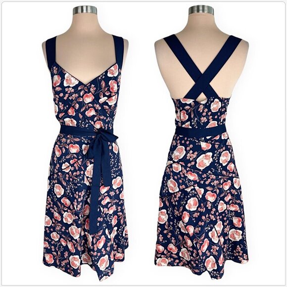 Adrianna Papell Navy Coral Floral Printed Pleated Fit and Flare Dress NWT NEW 12 - Picture 2 of 6
